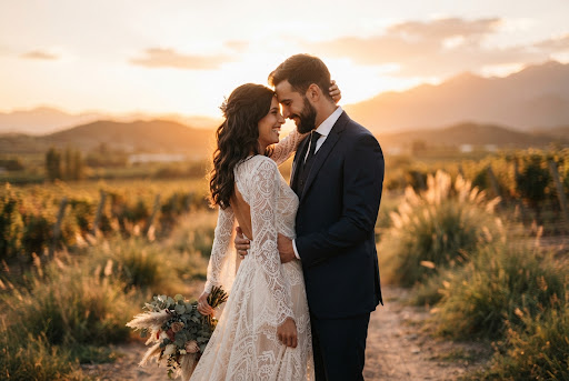 Novios felices abrazados con luz cálida dorada en un atardecer rural
